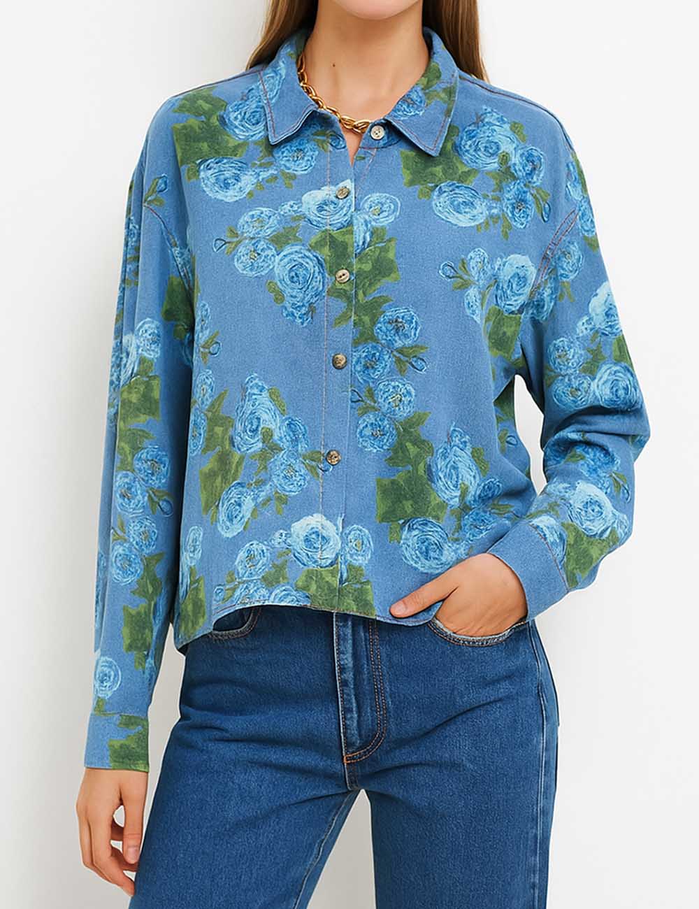 Ladies Multicolor Floral Print Button Down Denim Shirt