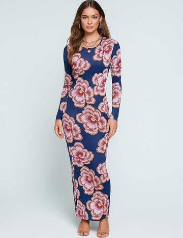 Ladies Contrast Floral Print Pullover Hip Wrap Maxi Dress