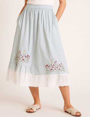 Ladies Floral Embroidery Lace Splice Scalloped Midi Skirt