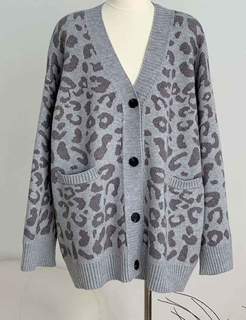 Ladies Leopard V-Neck Long Sleeves Ribbed Knit Sweater Cardigan