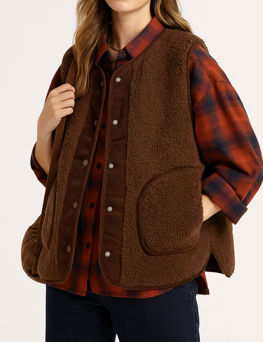 Ladies Color Block Sherpa Corduroy Trim Vest