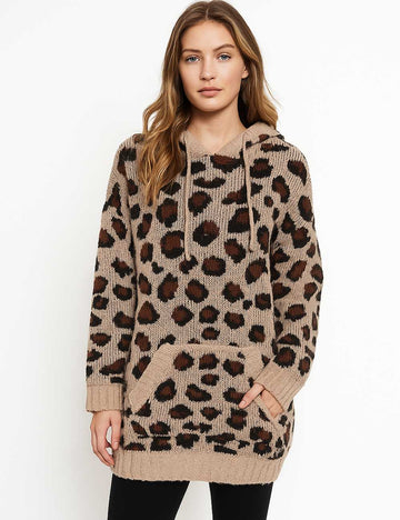 Ladies Leopard Hoodie Drawstring Long Sleeves Knit Sweater