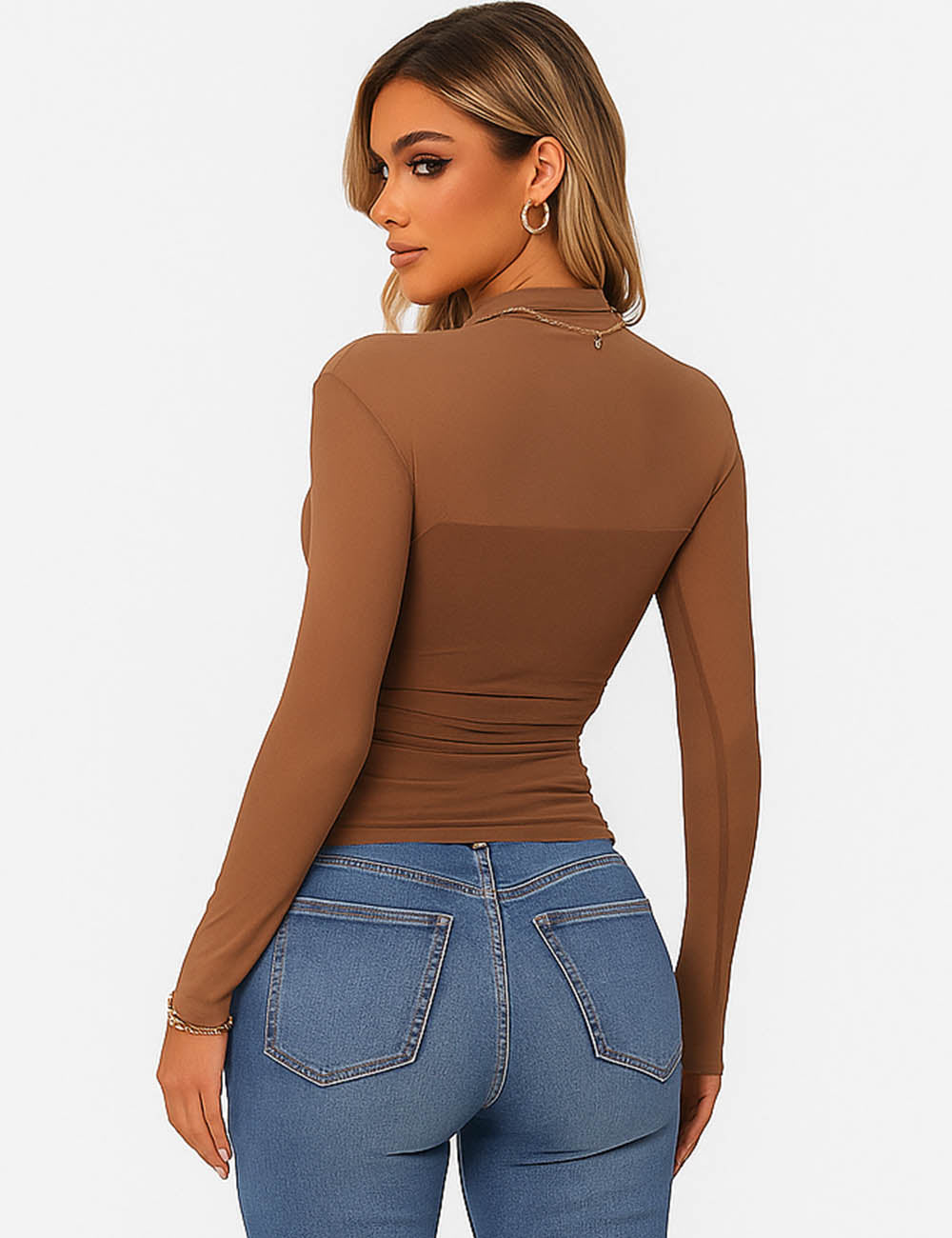Ladies See Sheer Mock Neck Long Sleeves Mesh Top