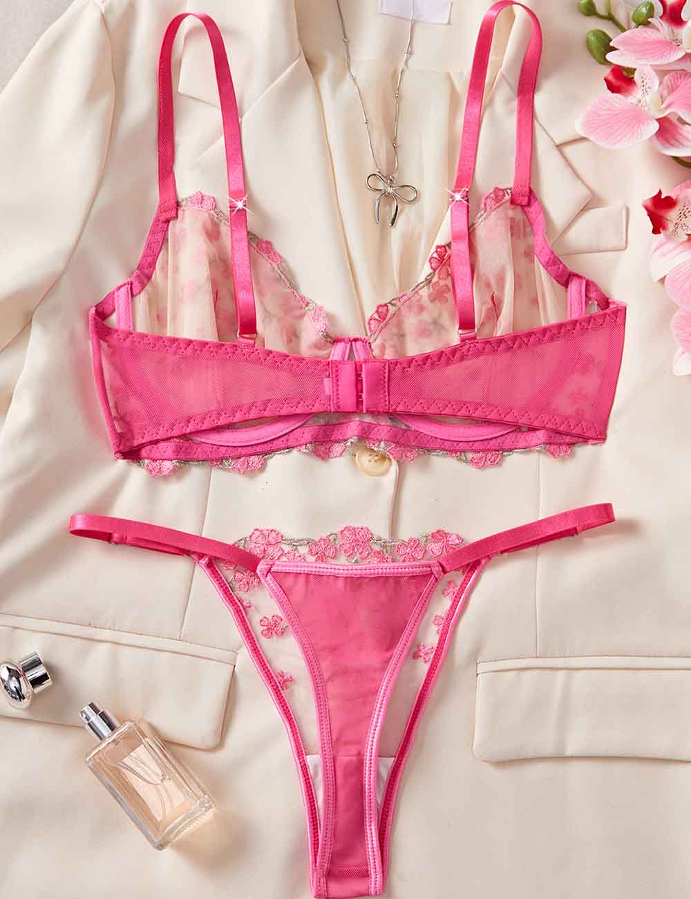 Ladies Sexy Sheer Mesh Floral Embroidery Lingerie Set