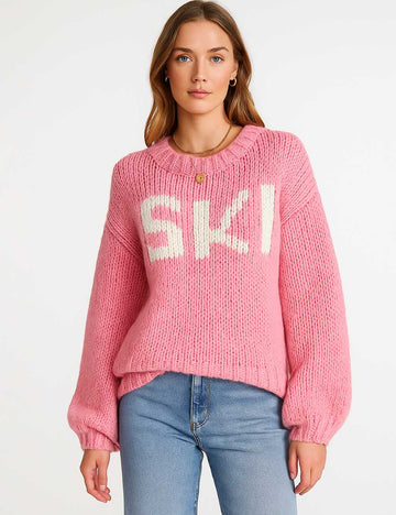 Ladies Letter Pattern Color Block Round Neck Sweater Top