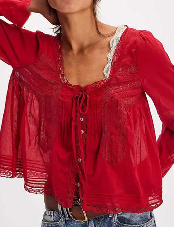 Ladies U-Neck Lace Splice Hollow Out Blouse Top