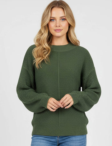 Ladies Basic Seam Front Round Neck Long Sleeves Sweater