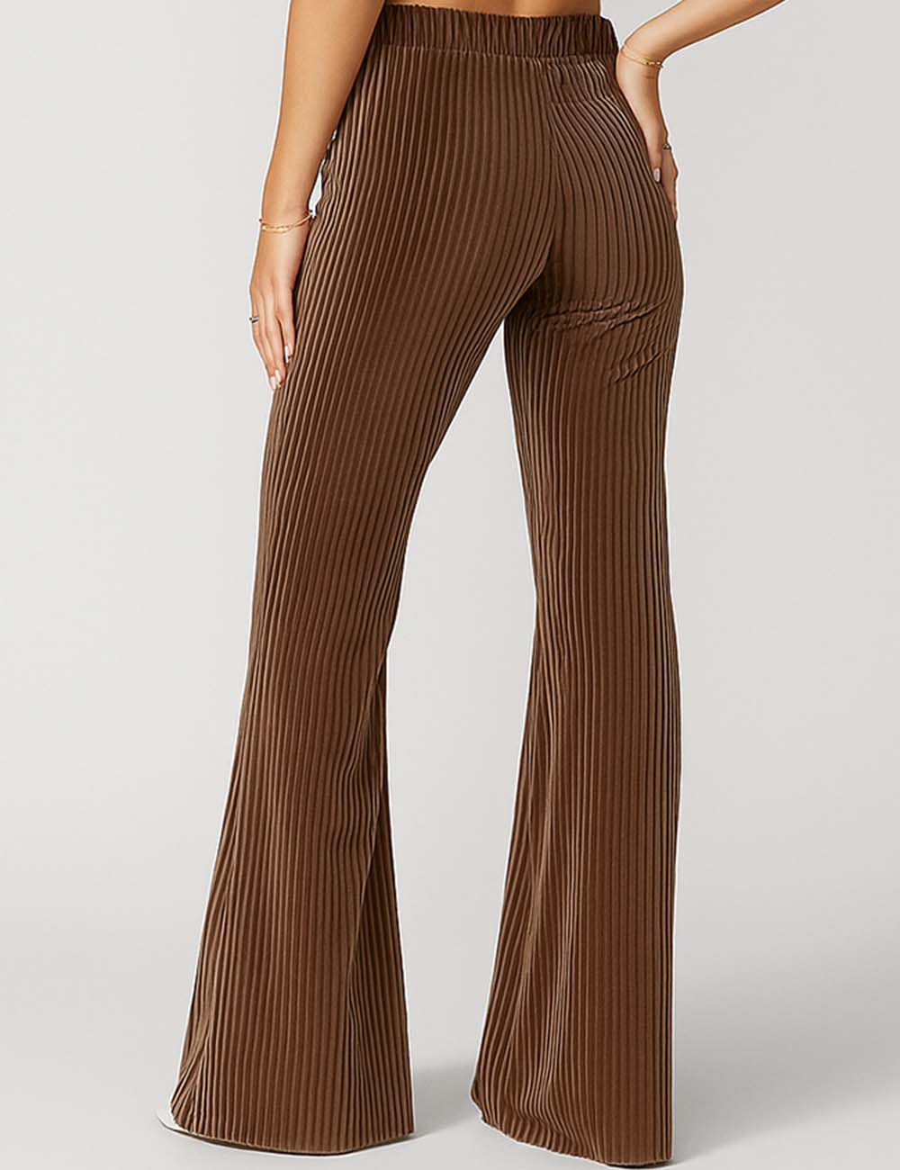 Ladies Solid Color Elastic Waist Slight Flared Corduroy Pants