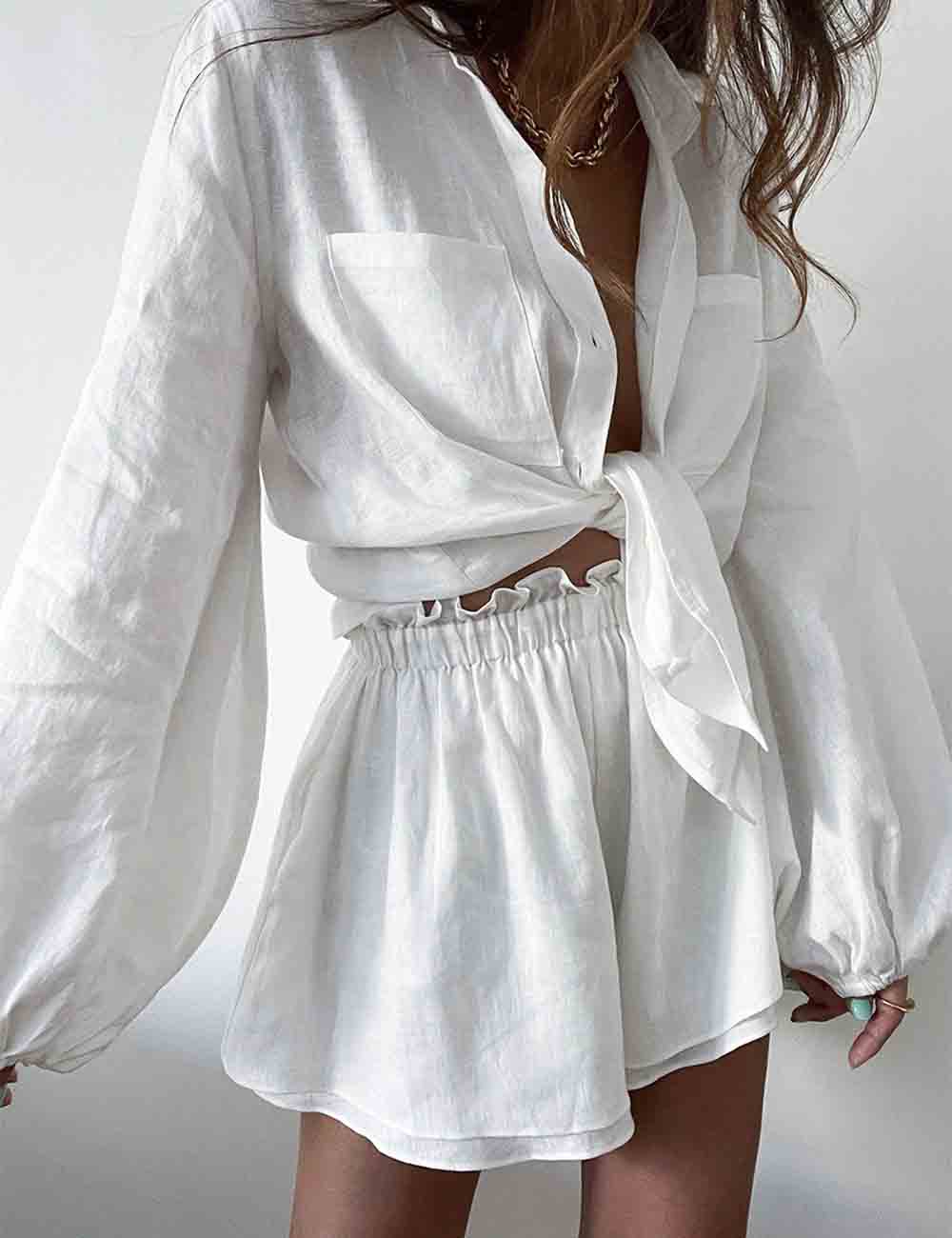 Ladies Turndown Collar Long Sleeves Loungewear Shirt &Shorts Set