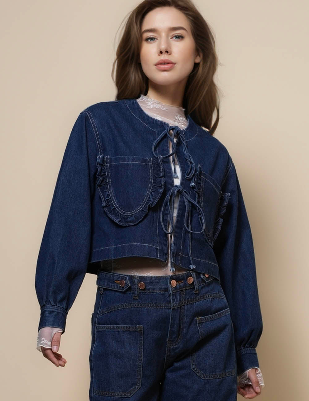 Ladies Long Sleeves String Tie Denim Jacket SKT50046