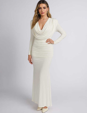 Ladies Solid Ruched Draped V-Neck Hip Wrap Maxi Dress