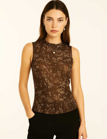 Women Tiny Flower See Sheer Mesh Layring Tank Top