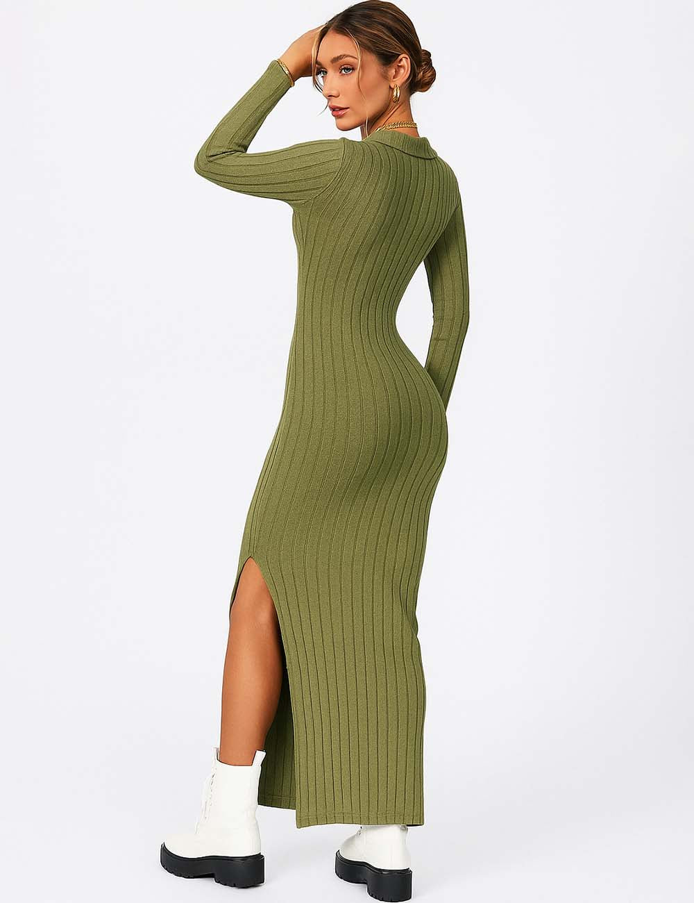 Ladies Solid Color V-Neck Side Split Knit Sweater Dress