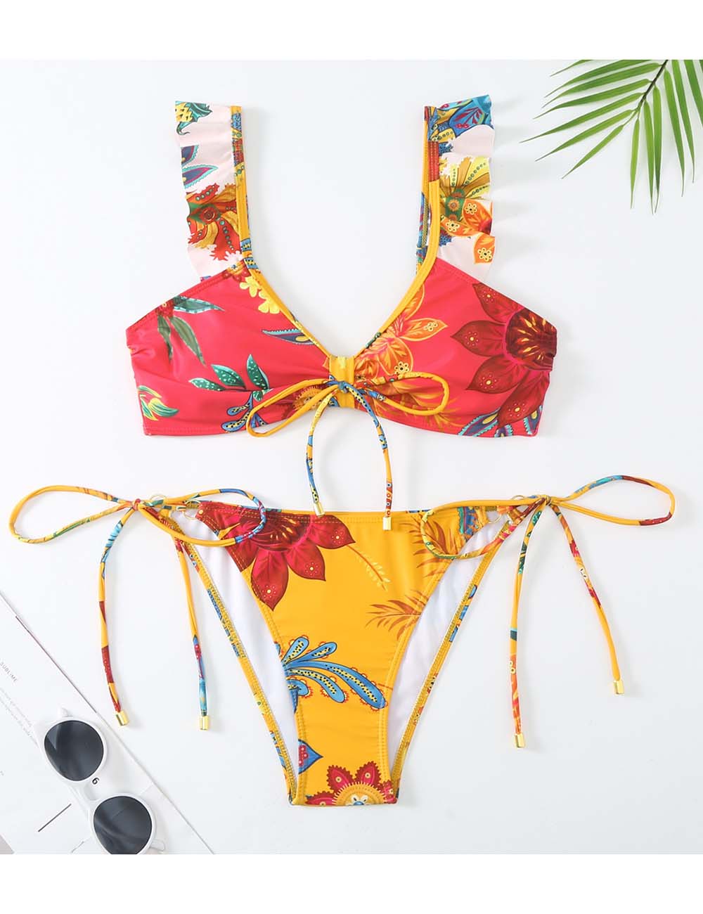 Ladies Floral Print String Shoulder 2PCS Bikini Set with Salong
