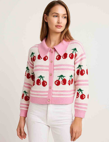 Ladies Cherry Pattern Turndown Collar Striped Knit Cardigan