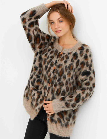 Ladies Leopard Long Sleeves Pocket Knit Cardigan
