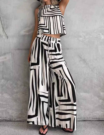 Ladies Color Block Print Sleeveless Tank Top & Pants 2PCS Set