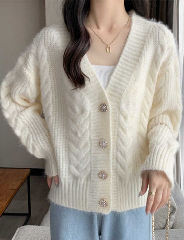 Ladies V-Neck Rainbow Button Long Sleeves Cable Cardigan Sweater