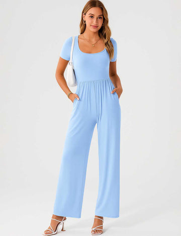 Ladies Ruched U-Neck Short Sleeves Wide Leg Jumpsuit