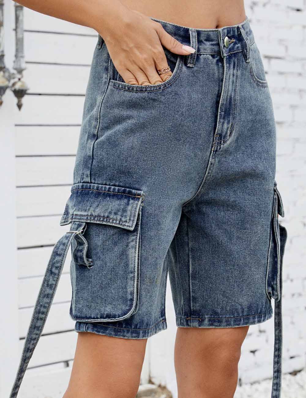 Ladies Washed Ribbon Straight Leg DenimĀ Shorts 8SKP5X44