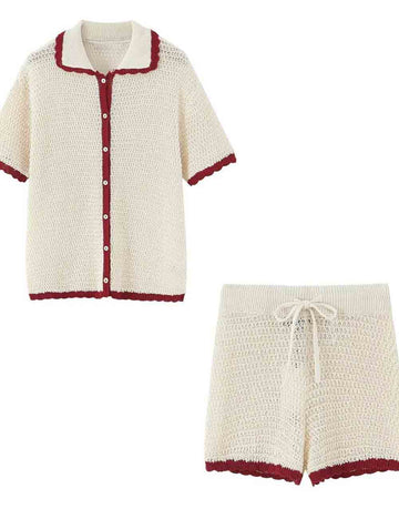 Ladies Constract Color Polo Collar Knit Top & Short Set