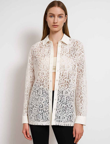 Ladies Turndown Collar Button Floral Lace Shirt