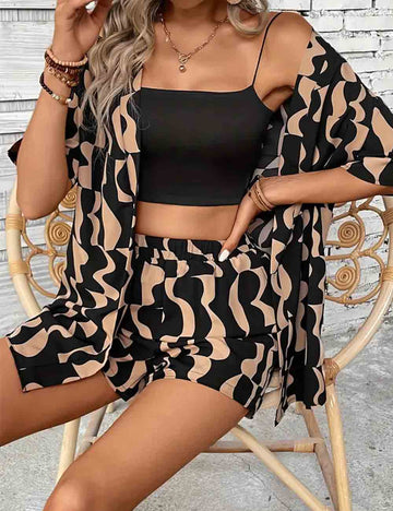 Ladies Boho 2PCS Short Sleeves Kimono Top & Shorts Set