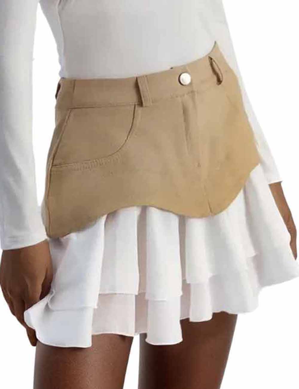 Ladies Color Block Ruffle Button Pocket Denim Skirt