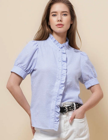 Ladies Ruffle Neck Short Sleeves Striped Shirt SKT51087