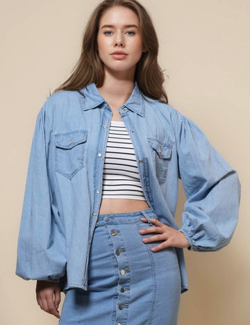 Ladies Turndown Collar Button Down Denim Shirt SKT50119