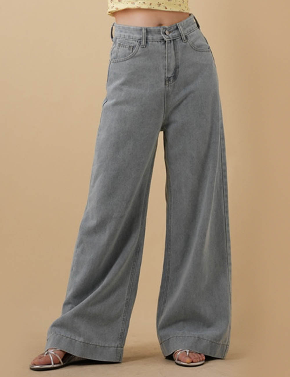 Ladies Basic Button Pocket Wide Leg Jeans 8SKP5M74