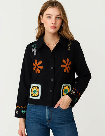 Ladies Vintage Floral Embroidery Shirt Button Down Jacket