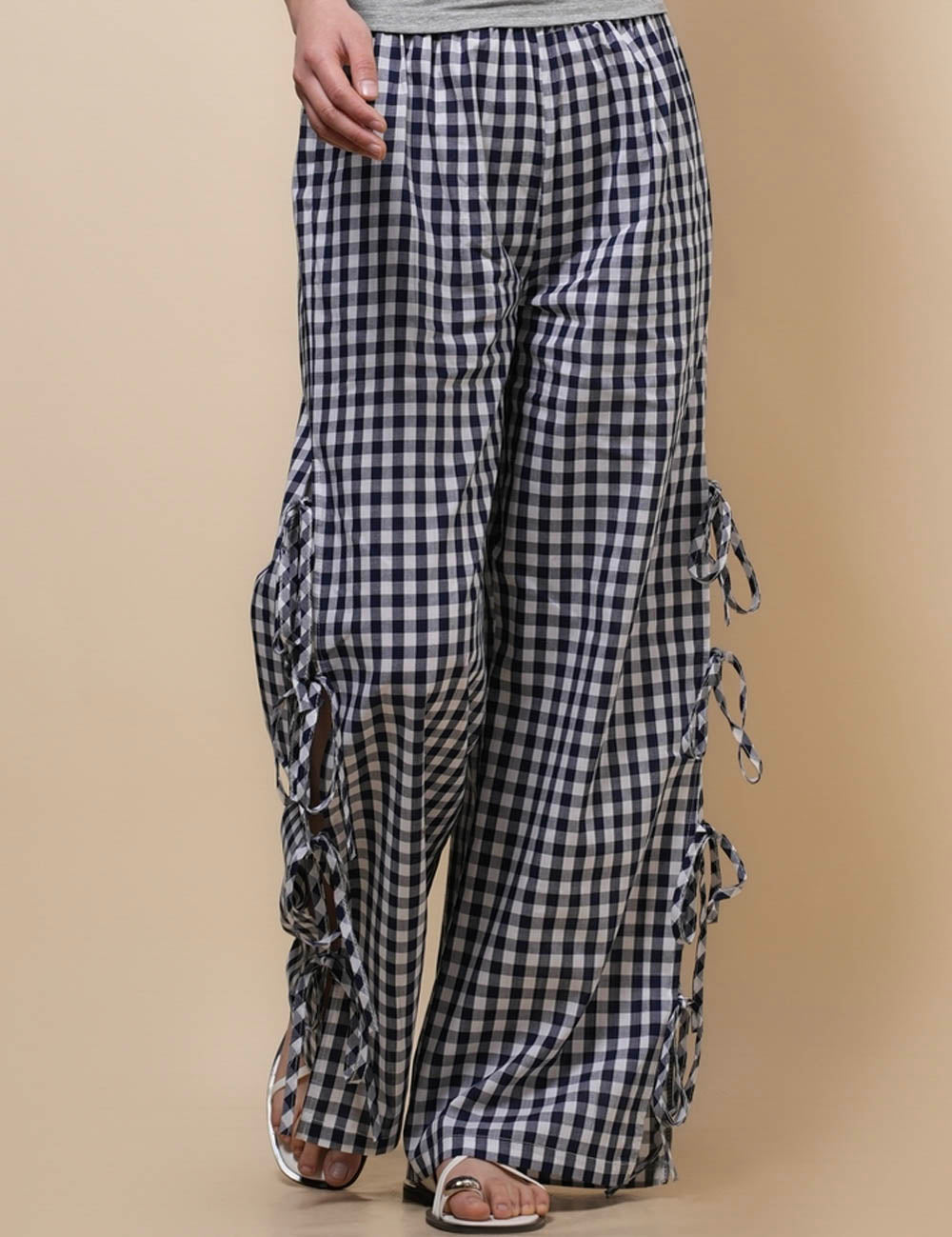 Ladies Checked Side String Tie Straight Leg Pants SKP51070