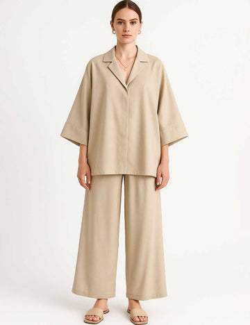 Ladies Turndown Collar Half Sleeves Wide Leg Shirt & Pants Set