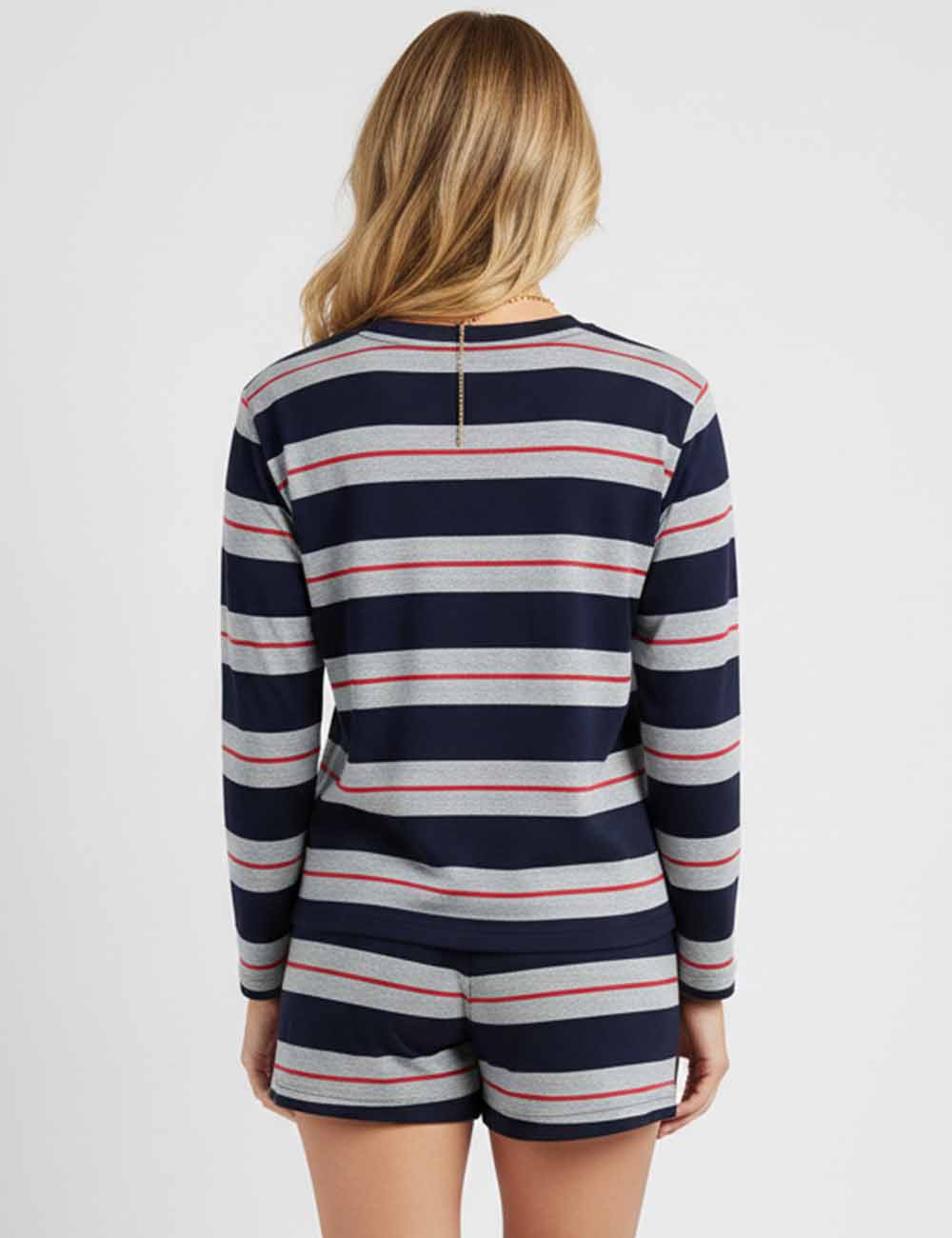 Ladies Striped Long Sleeves Top & Wide Leg Shorts 2PCS Set