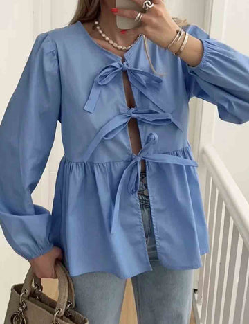 Ladies Crew Neck Front Bowknot Puff Long Sleeves Blouse