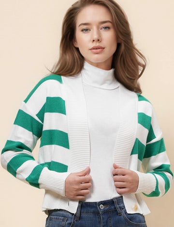Ladies V-Neck Striped Color Block Knit Cardigan SKT41049