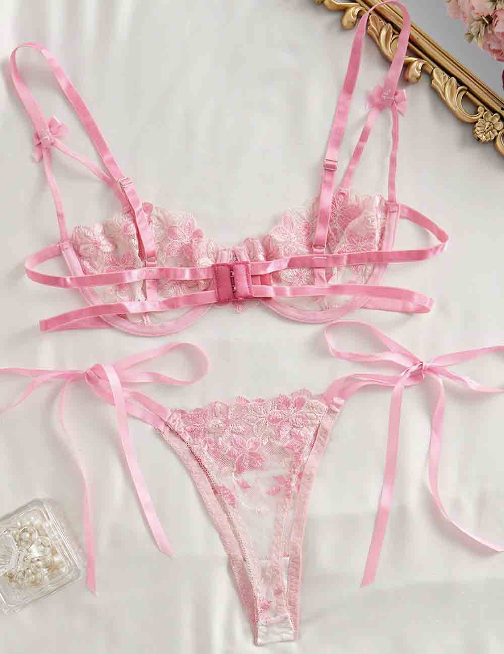 Ladies Floral Embroidery See Through 2PCS Lingerie Set 8XX0111