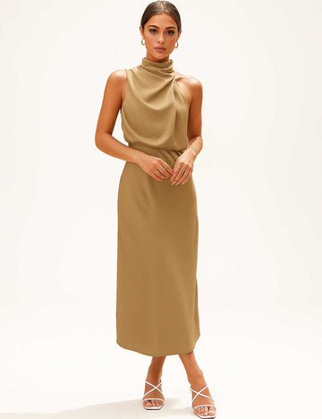 Ladies Satin Mock Neck Sleeveless  Ruched Maxi Dress