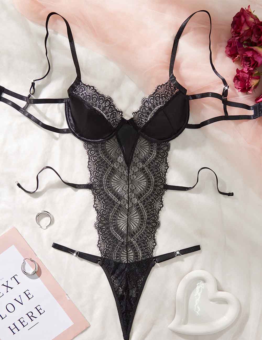 Ladies Sexy Lace Mesh See Through Thong Lingerie Teddy