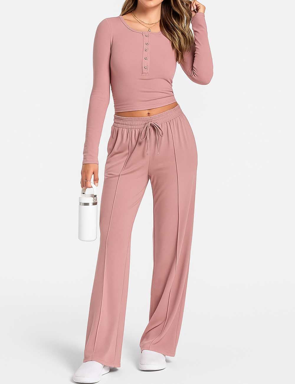 Ladies Button Front Wide Leg Cropped Top & Pants Set