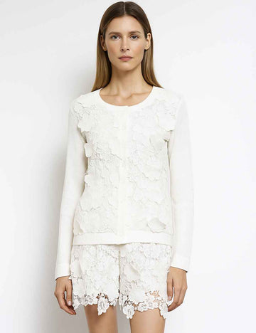 Ladies Floral Eyelet Embroidery Knit Cardigan Top & Shorts Set