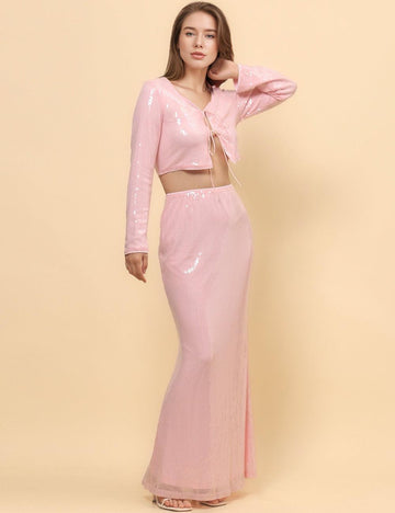 Ladies Shinny Sequin Night Out Top Maxi Skirt Set SKD4921