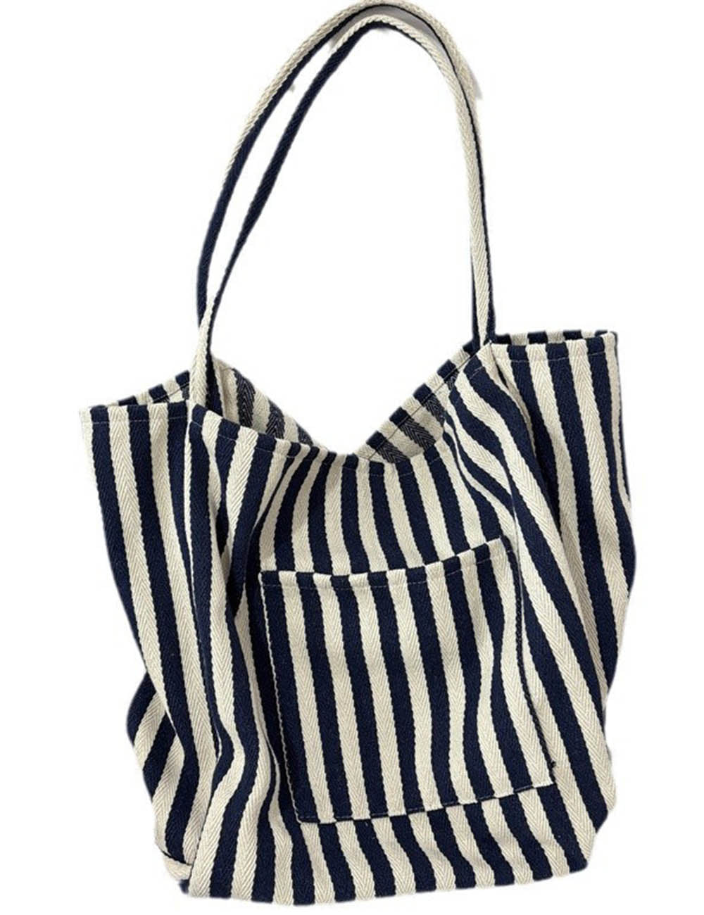 Ladies Striped Double Pocket Large Capacity Canvas Tote Bag