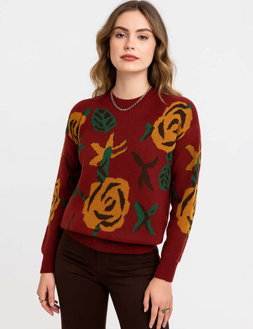 Ladies Multi Color Floral Print Long Sleeves Knit Sweater