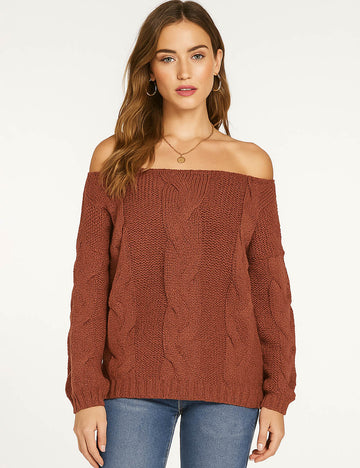 Ladies Cable Knit Off-Shoulder Lantern Sleeves Pullover Sweater