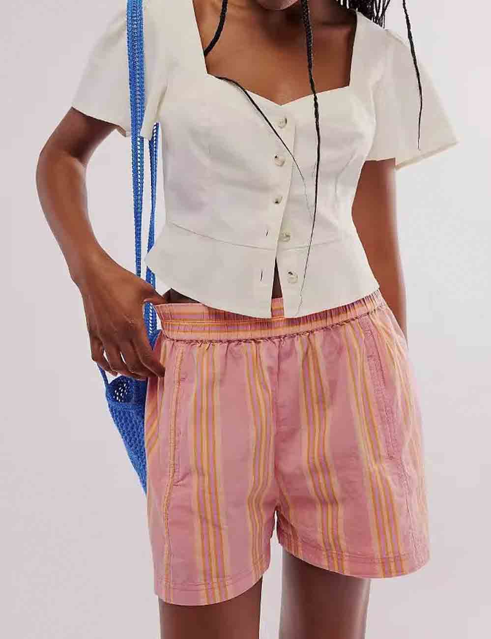 Ladies Multicolor Striped Print Elastic Waist Shorts