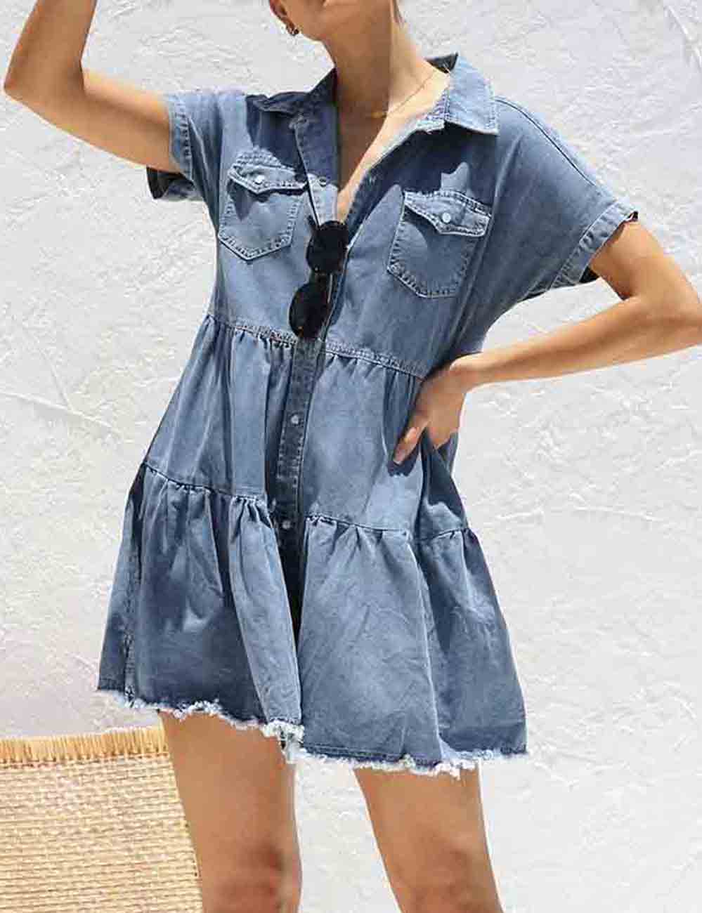 Ladies Everyday Turn-down Collar Denim Mini Dress SKD50025