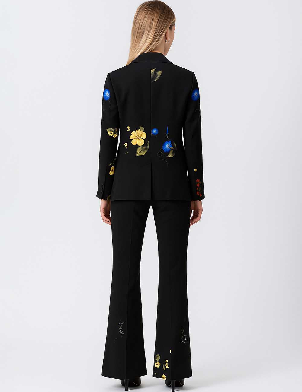 Ladies Floral Print Flared Leg Blazer & Pants 2PCS Suit Set