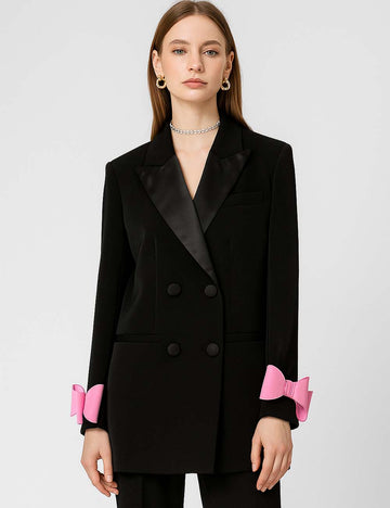 Ladies Solid Color Satin Bowknots Double-Breast Long Blazer